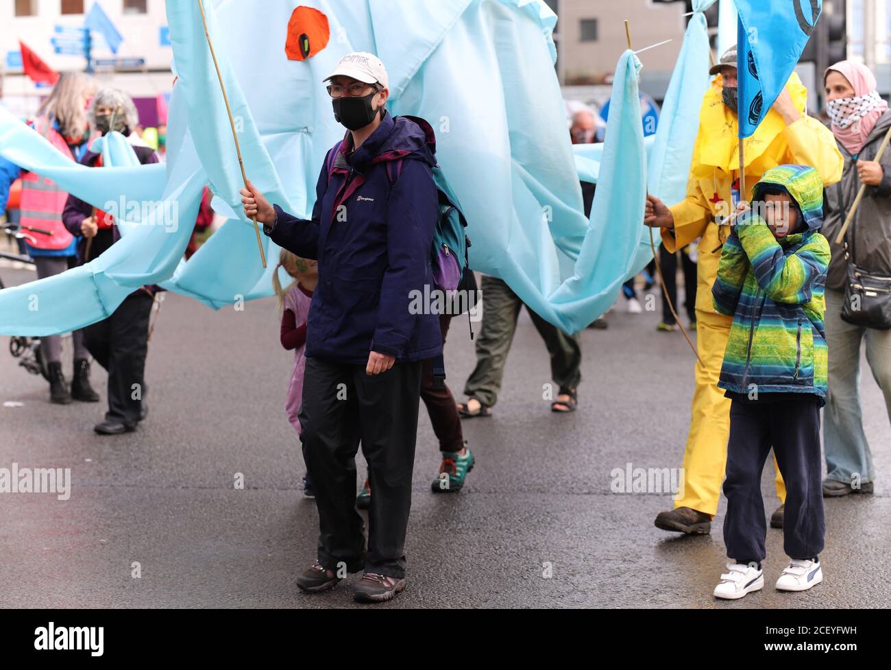 Cardiff, Wales, UK. 2nd Sep 2020. Extinction Rebellion Protestors gather at the Senedd in Cardiff highlighting the danger of rising tides and the risk of flooding in Cardiff due to climate change, 2nd September 2020. Protestors then march through the streets of Cardiff Credit: Denise Laura Baker/Alamy Live News Stock Photo