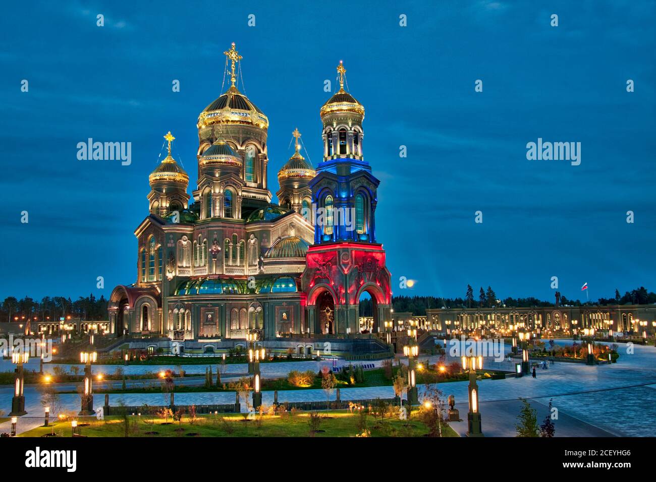 = Resurrection Cathedral in Twilight with Colors of National Flag =  Overview the Main Cathedral of the Russian Armed Forces in honor of the Resurrect Stock Photo