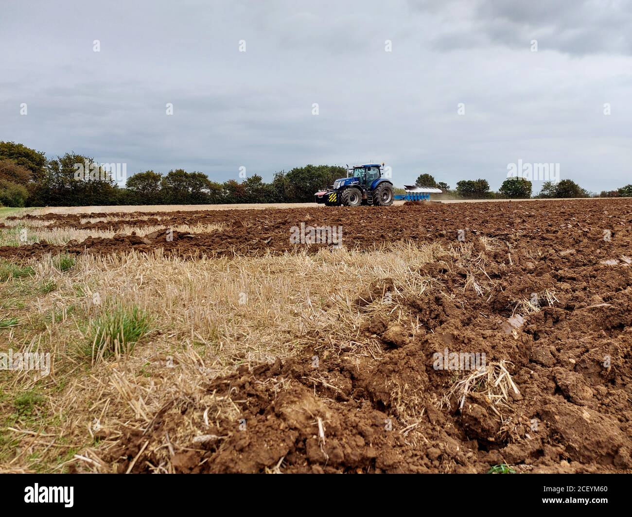 Tractor and Plough working in a field at harvest time Stock Photo