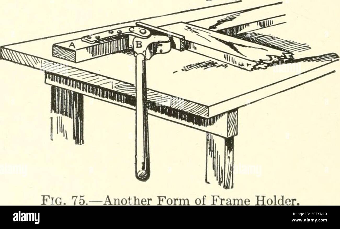 . Furniture for the craftsman; a manual for the student and machanic. I Fig. 76.—Wheel and Screw Apparatus for Making Frames. passes is held firmly to the bench by two heavy staples claspingand passing through the bench top and washer plates under-neath, where they are drawn tightly by large nuts. In default ofthe wheel and screw the form shown in Fig. 75 is very effective.Certain holes may be made in the bench to receive the four bolts. Another Form of Frame Holder. in the block A and the large bolt in the block B. This will per-mit of the press being readily removed or set up when needed.The Stock Photo