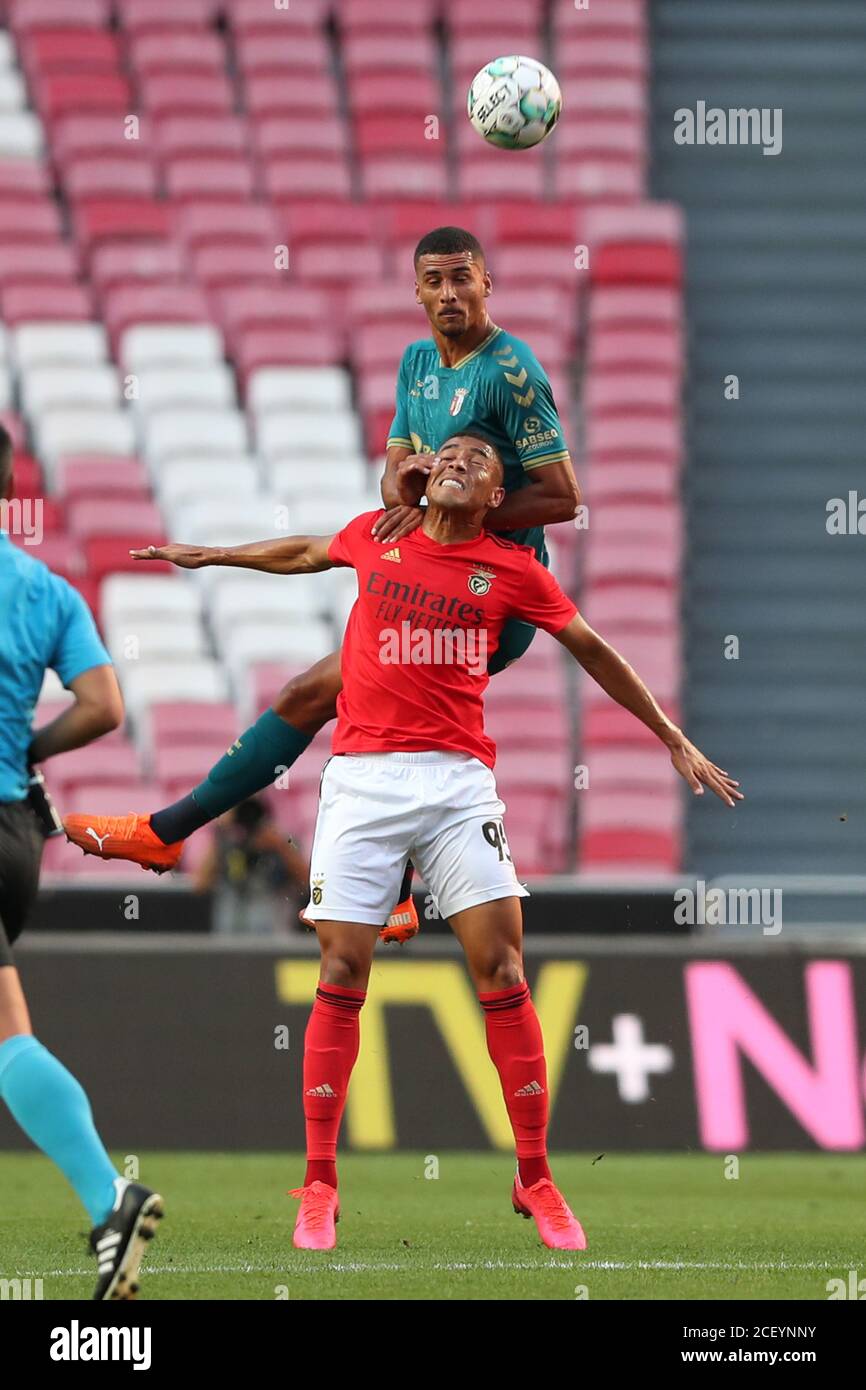 Lisbon, Portugal. 2nd Sep, 2020. David Carmo of SC Braga (top ) vies with Vinicius of SL Benfica during the pre season friendly football match between SL Benfica and SC Braga at the Luz stadium in Lisbon, Portugal on September 2, 2020. Credit: Pedro Fiuza/ZUMA Wire/Alamy Live News Stock Photo