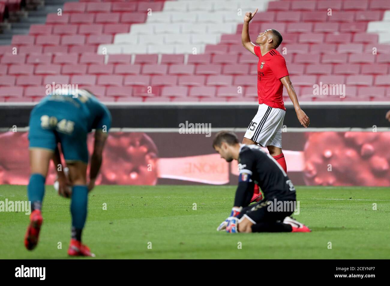 Lisbon, Portugal. 2nd Sep, 2020. Vinicius of SL Benfica (C top) celebrates after scoring his second goal during the pre season friendly football match between SL Benfica and SC Braga at the Luz stadium in Lisbon, Portugal on September 2, 2020. Credit: Pedro Fiuza/ZUMA Wire/Alamy Live News Stock Photo