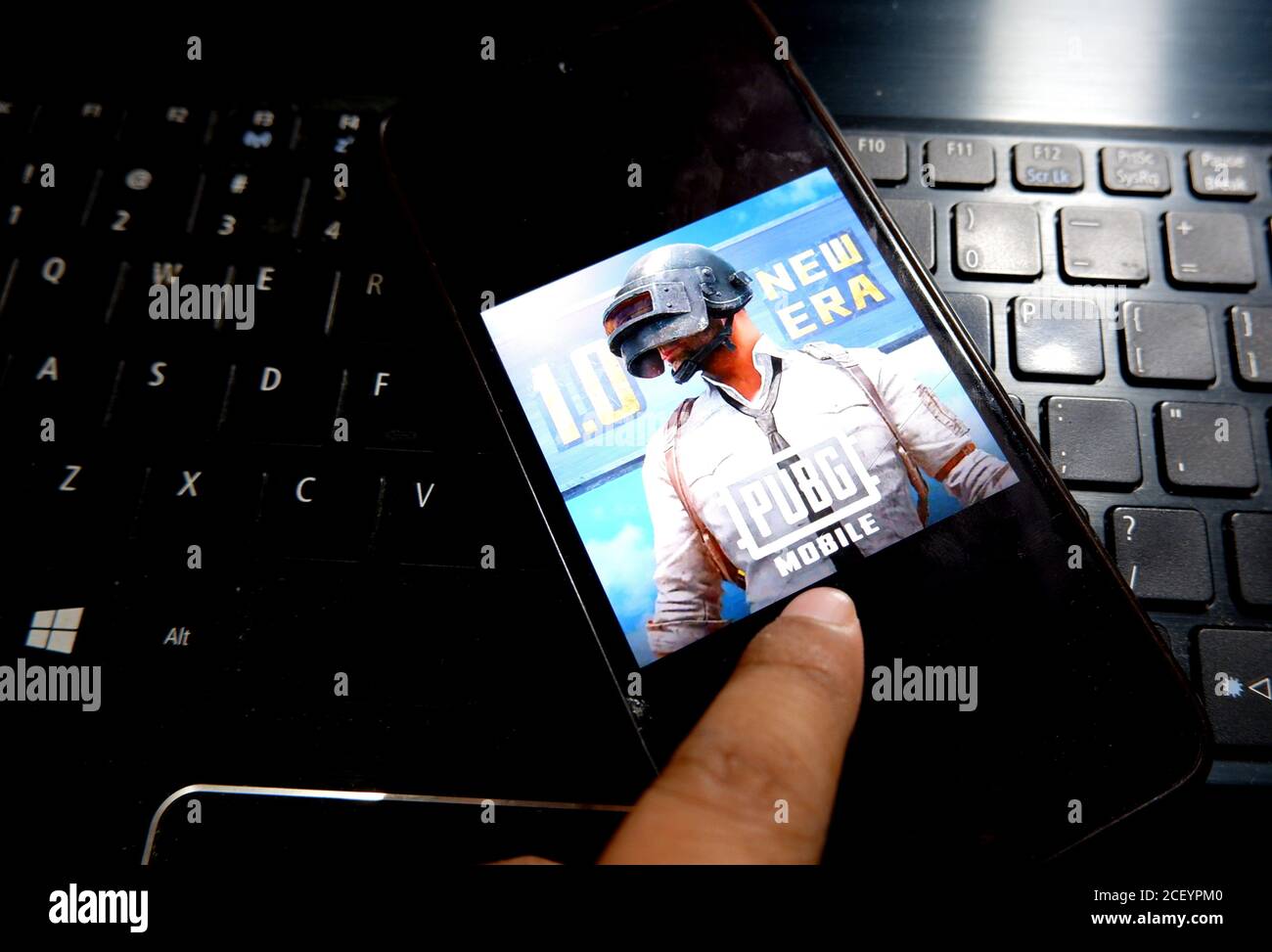 In this photo illustration a PUBG Video game application Logo seen displayed on a smartphone.PUBG has been banned by Indian Government from 2nd September 2020 . Stock Photo