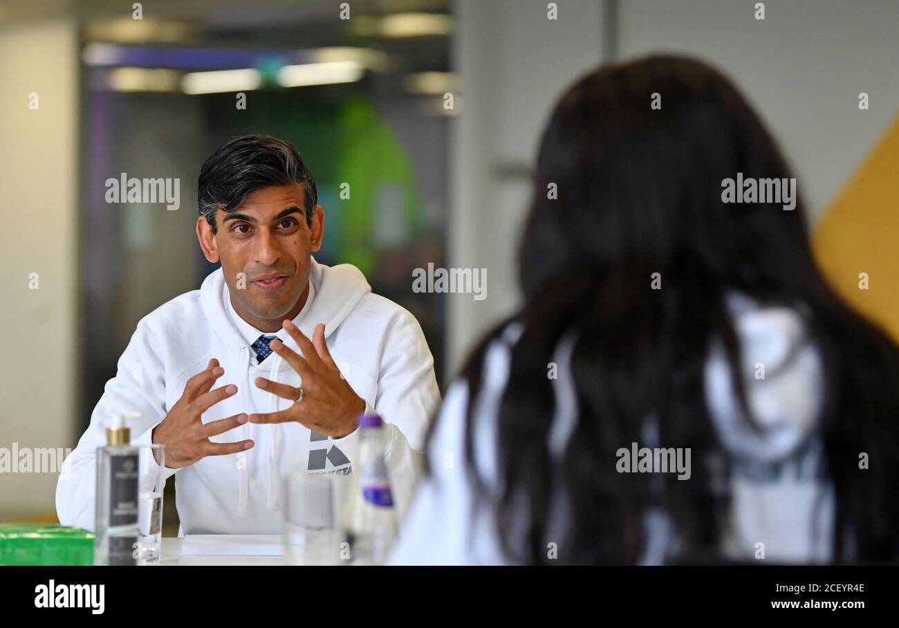 Chancellor Rishi Sunak during the launch of the Government's £2 billion Kickstart scheme aimed at helping young people into work as the labour market remains strangled by the coronavirus pandemic, during a speed mentoring session for young people in Canary Wharf, London. Stock Photo