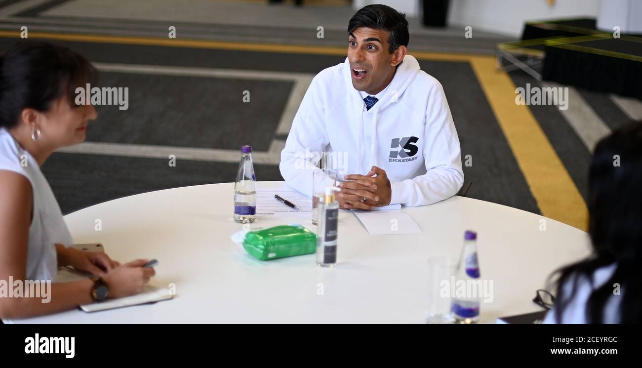 Chancellor Rishi Sunak during the launch of the Government's £2 billion Kickstart scheme aimed at helping young people into work as the labour market remains strangled by the coronavirus pandemic, during a speed mentoring session for young people in Canary Wharf, London. Stock Photo