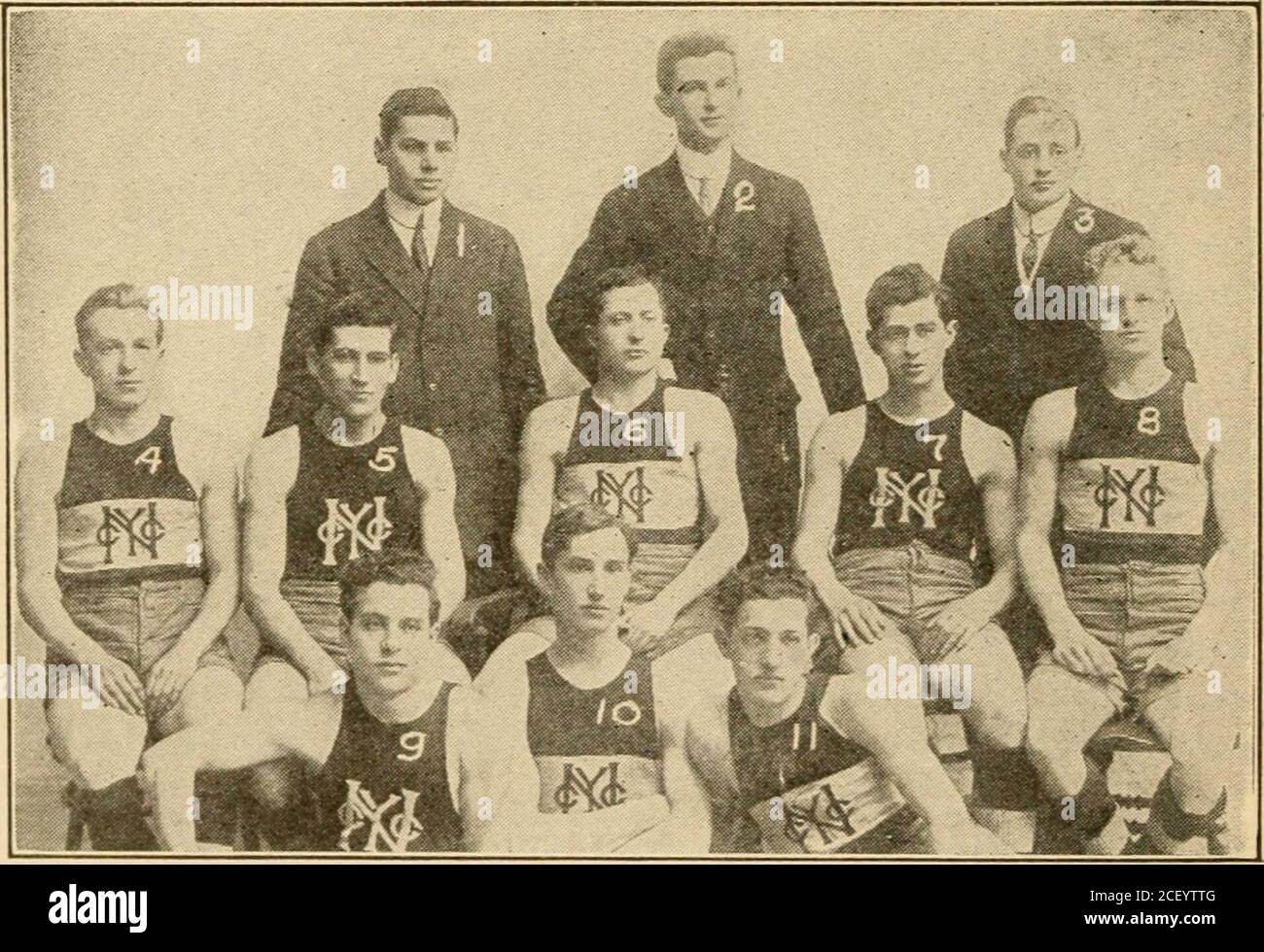 . Spalding's official collegiate basket ball guide. 1, Broadhead, Coach; 2, Comfort: 3, Butcher; 4, Rothstein; 5, Grotecloss, Asst. Mgr.; 6, C. .McLaughlin; 7, Moore, Capt.; 8, J. McLaughlin; 0, Dale, Mgr.; 10, Josephs; 11, Brennan. White, Photo. NEW YORK UNIVERSITY.. 1. S. Purlmau, Mgr.; 2. S. Isaacscm. Asst. .Mgr.; ;i, L. Talmer. Coach; 4,Kaufman; 5, Propper; 6, Friedman, Capt.; 7, Zinovoy; S, Southwick; 9,Levitt; 10, Bradner; 11, Frank. White, Photo. COLLEGE OF THE CITY OF NEW YORK. SPALmNGS ATHLETIC LIBRARY. 25 combined with it an unerring e^ ? for the basket, an ahnost per-fect defense, a Stock Photo