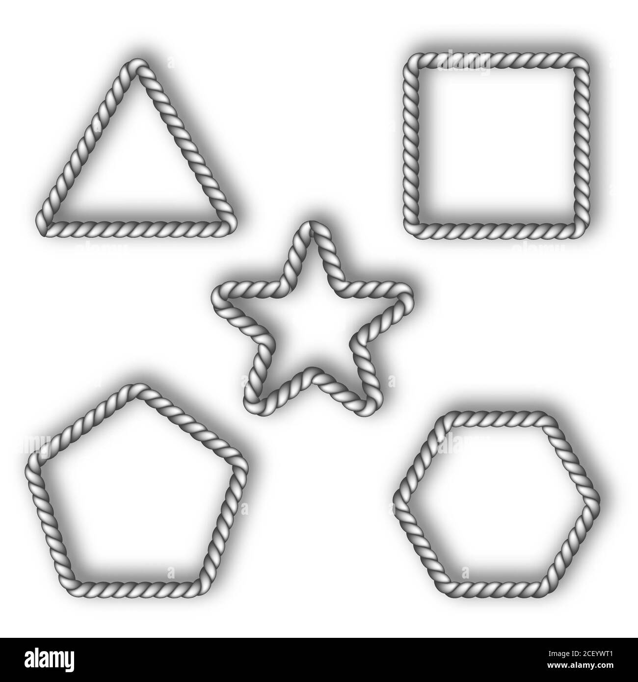 A set of geometric figures made of rope.Braided frames with shadow. Templates for design. Vector illustration. Stock Vector