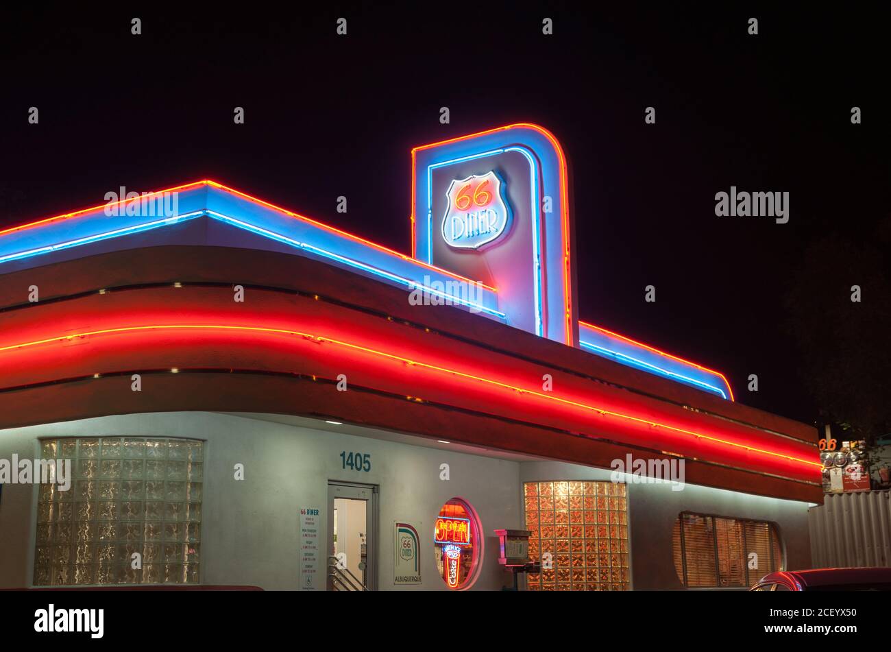 Albuquerque, New Mexico, USA.- September 19 2015; 50's style Diner on Historic Route 66,  with deco style neon signage standing out against dark night Stock Photo
