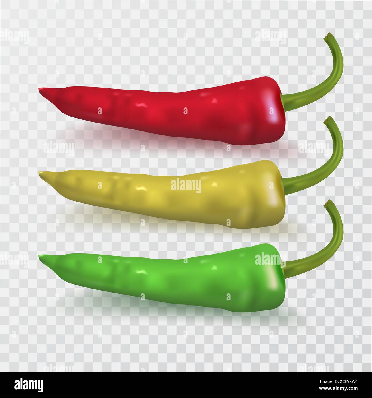Red, green, yellow chili peppers.Hot seasoning for food.3D objects. Vector realistic illustration. Stock Vector