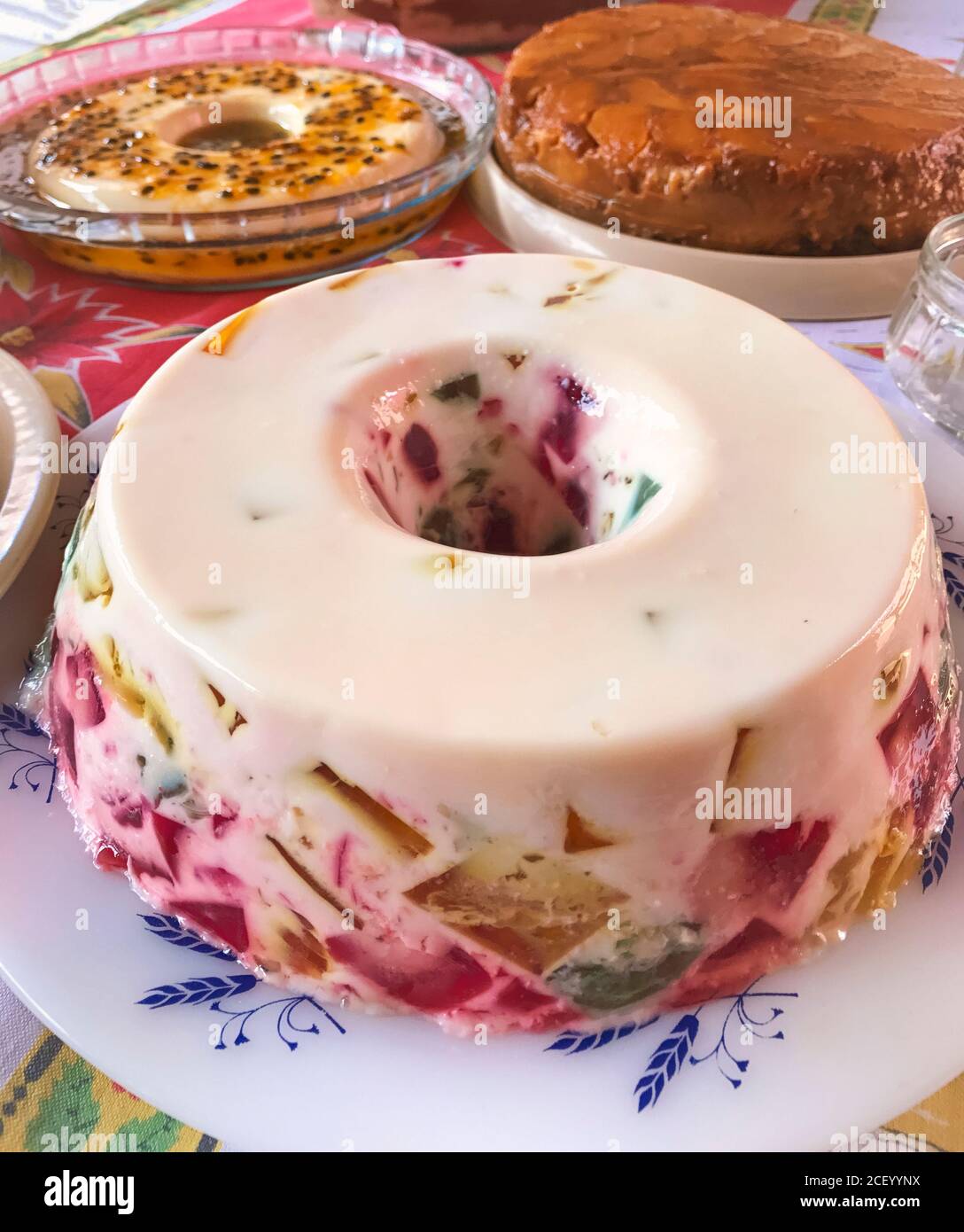 Colored gelatin, passion fruit mousse, coconut custard and apple pie