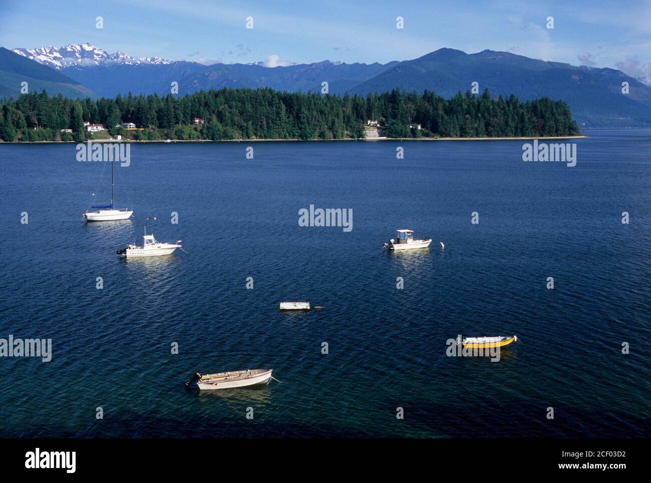 Moored boats in Hood Canal, Seabeck, Washington Stock Photo