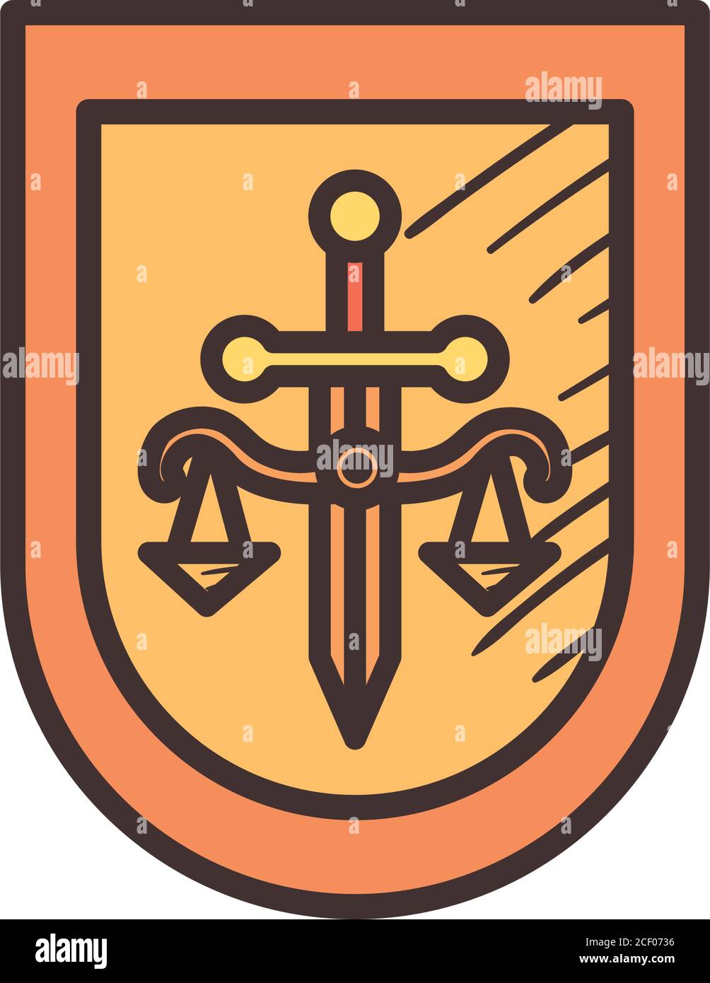 scale with sword in shield line and fill style icon design, Law justice ...