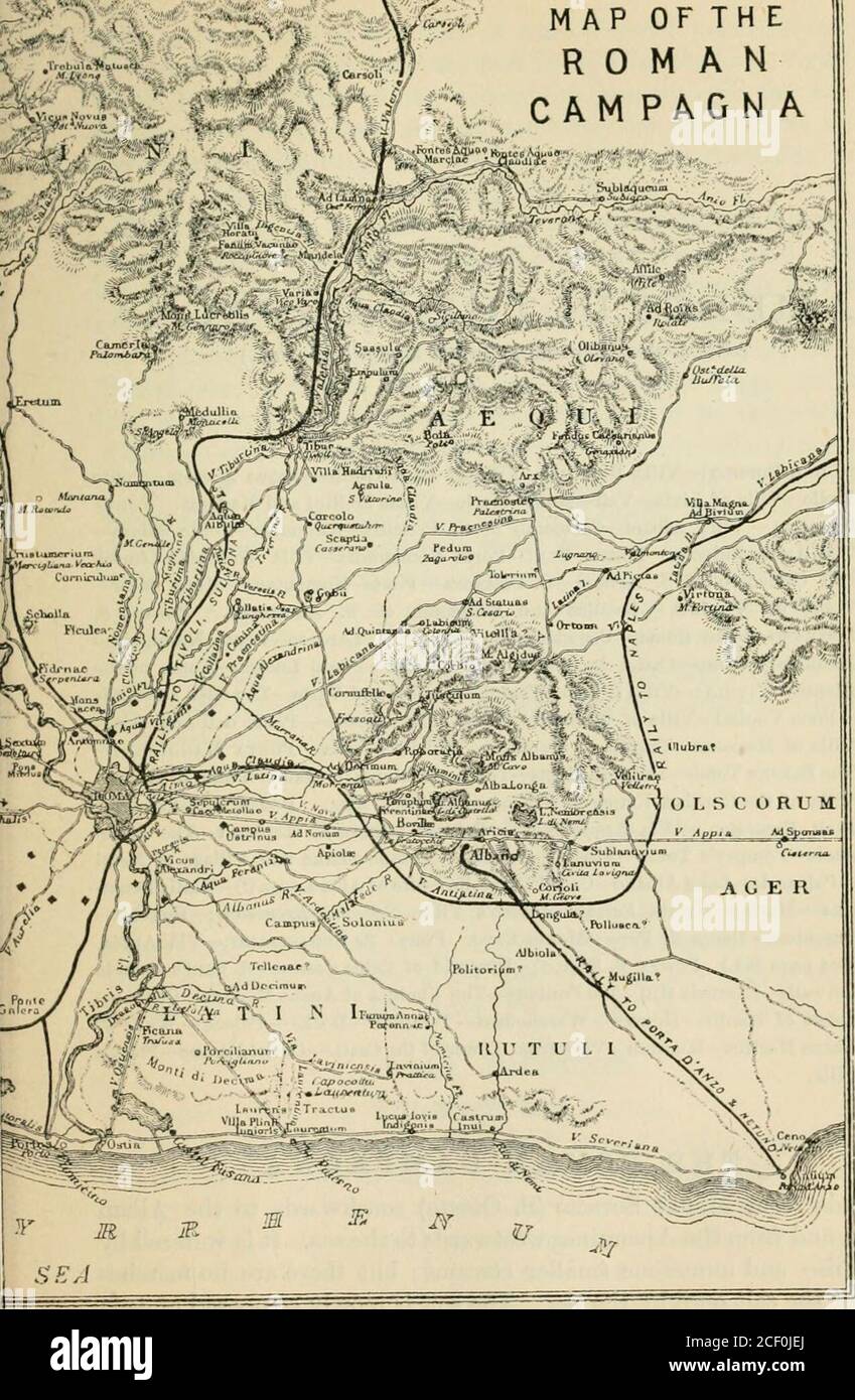 . Rambles in Rome : an archæological and historical guide to the museums, galleries, villas, churches, and antiquities of Rome and the Campagna. MAP OF THEROMANAM PAGN A. RAMBLES IN THE CAMPAGNA. (Any of these Excursions can he made in one day.) Porta del Popolo :—Villa Borghese—Villa di Papa Giulio—Acqua Acetosa—PonteMolle—Villa of Livia—Veii—Monte Mario—Villas Mellini and Madama. PortaSalara: — Villa Albani—Catacomb of S. Priscilla—Antemnw—Ponte Salara—The Anio—Fidena;. Porta Pia :—Porta Nomentana—Villa Torlonia—Churchand Catacomb of S. Agnese — S. Costanza—Ponte Nomentana—Mons Sacer—Tomb of Stock Photo