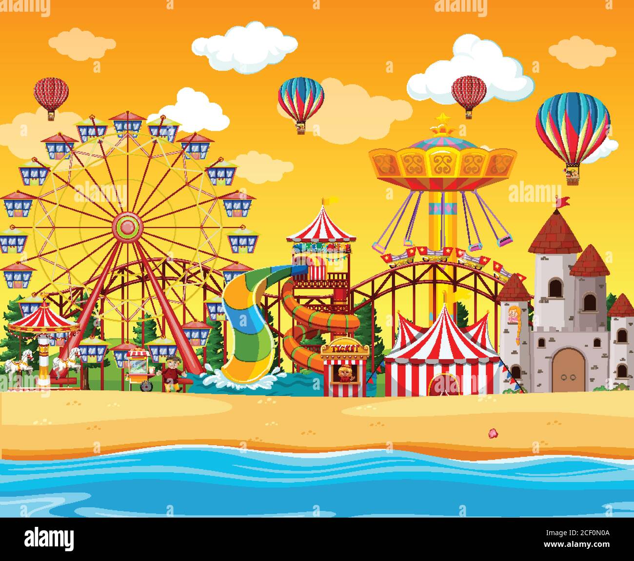 Amusement park with beach side scene at daytime with balloons in the ...