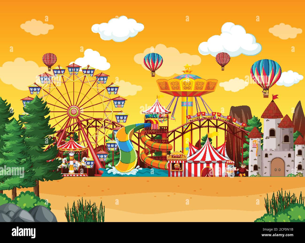 Amusement park scene at daytime with balloons in the sky illustration ...