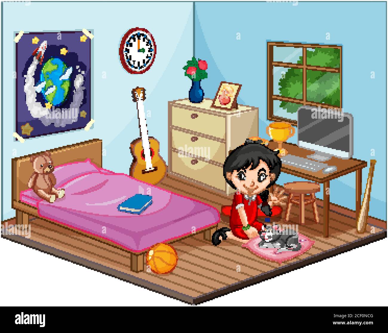 Part of bedroom of children scene with a girl in cartoon style
