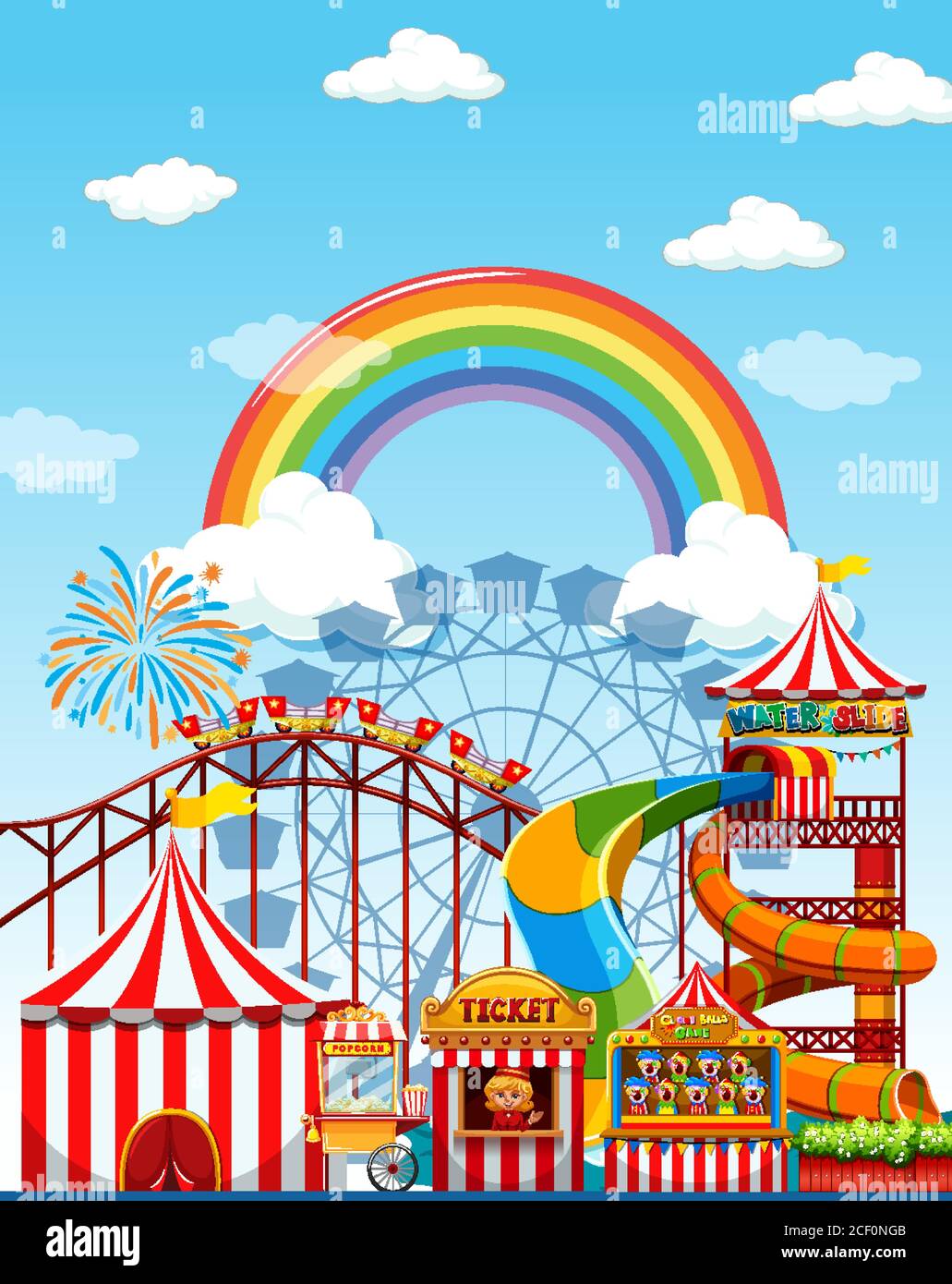 Amusement park scene at daytime with rainbow in the sky illustration ...