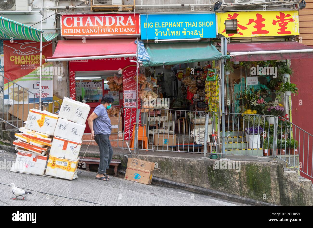 Woman walking past shops, Sai Ying Pun, Hong Kong Island, Hong Kong Stock Photo