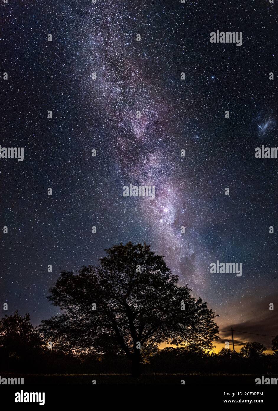 Amazing night scene of the milky way falling toward a silhouette of leafy tree with millions of stars as sand in the sky Stock Photo