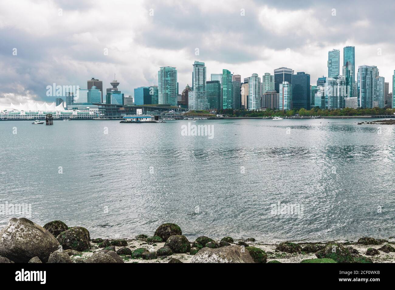 Vancouver city skyline view from Stanley Park, BC British Columbia, Canada on rainy day. Autumn travel destination. Stock Photo