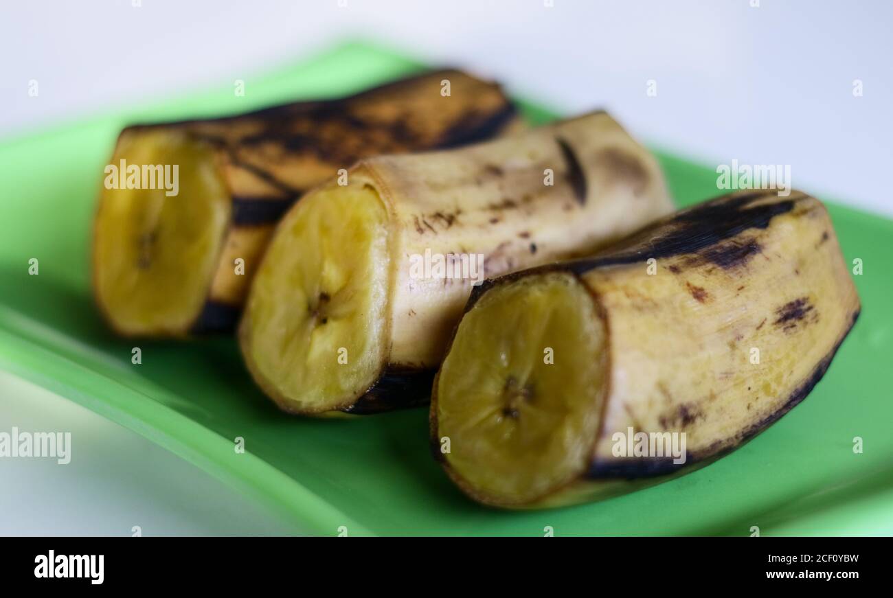 Boiled banana on white background. Stock Photo