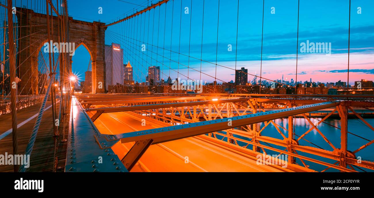 Image of the famous Brooklyn Bridge at sunrise. Stock Photo