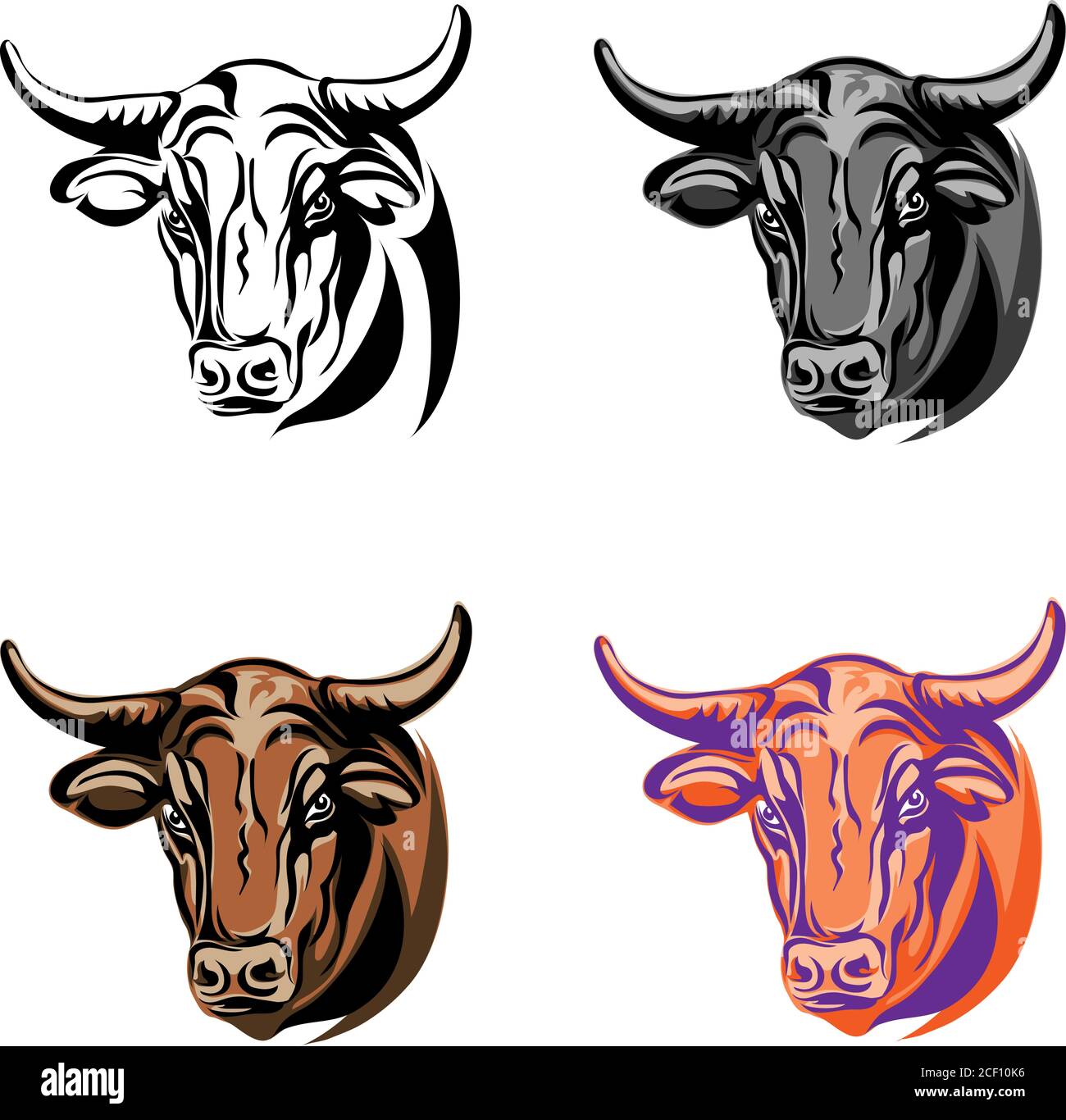bull, portrait, head, color, vector, animal, illustration, icon ...
