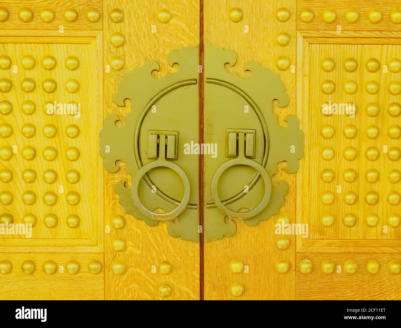 Metal door handles in the form of rings in a decorative carved frame