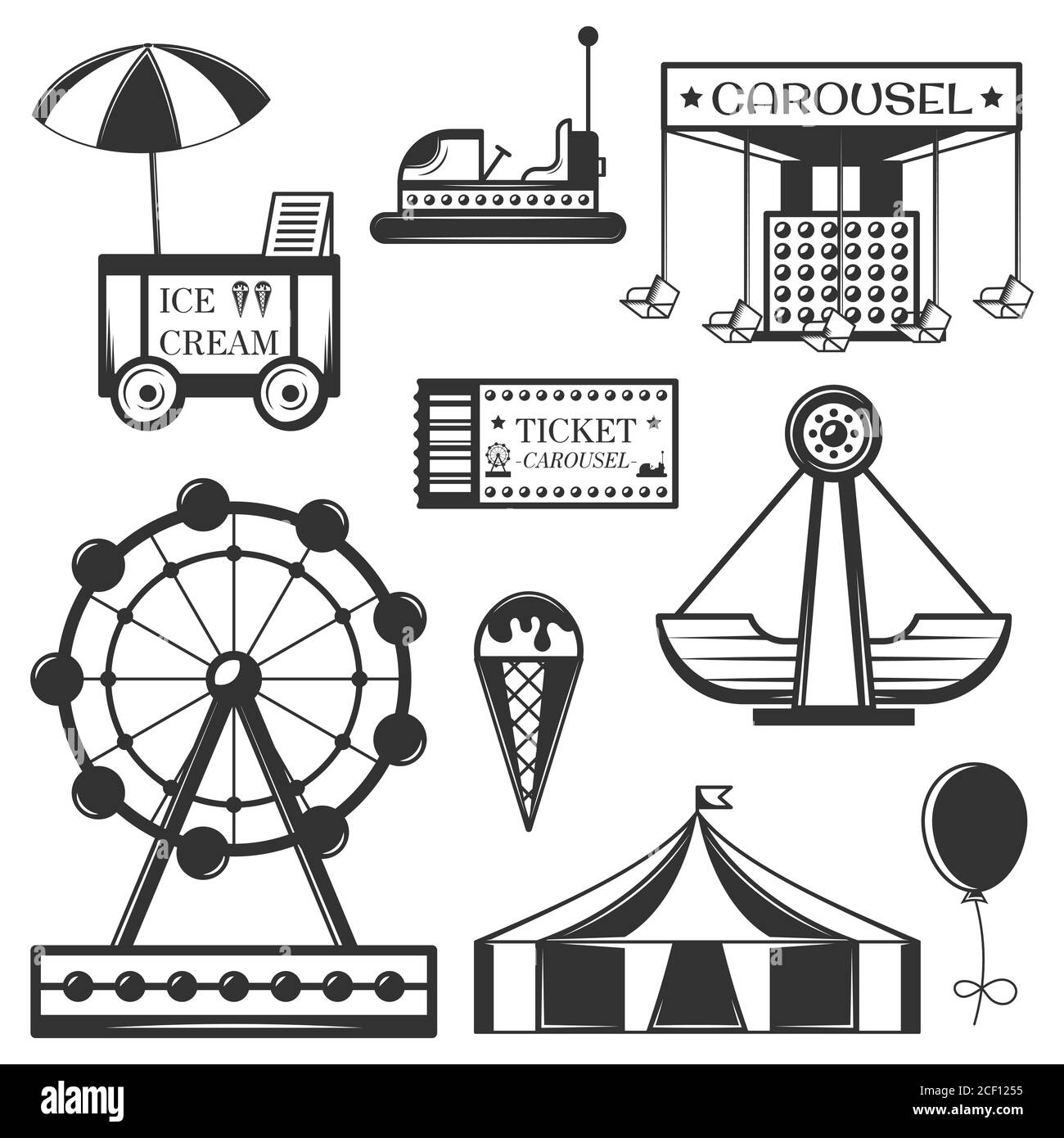Vector set of amusement park isolated icons and objects. Attractions, carousel, wheel, ice cream cart. Stock Vector