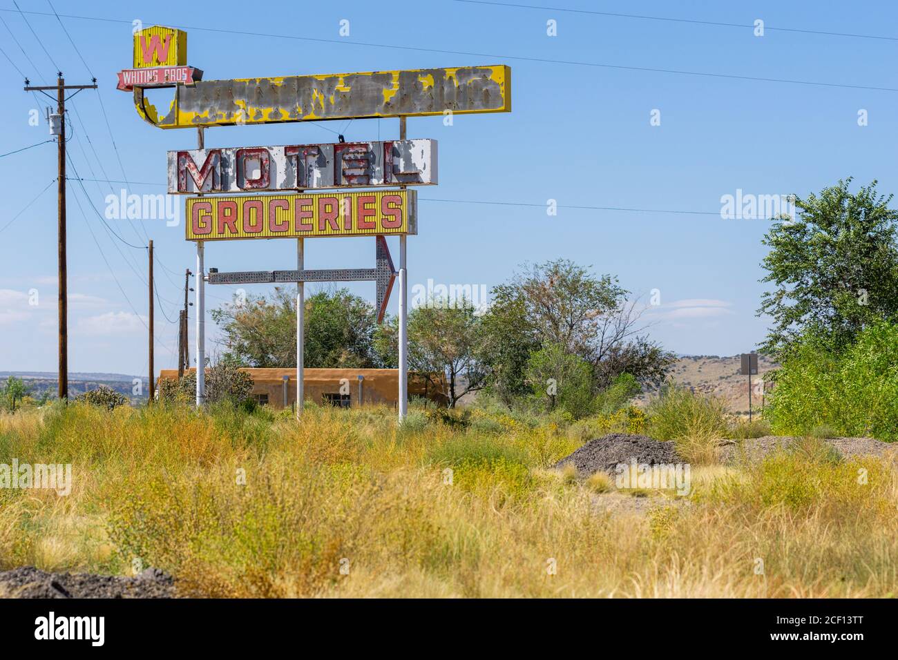 San Fidel, New Mexico, USA. - September 20 2015; Whiting Bros, Motel and groceries sign, in uncared for state on Historic Route 66, Stock Photo
