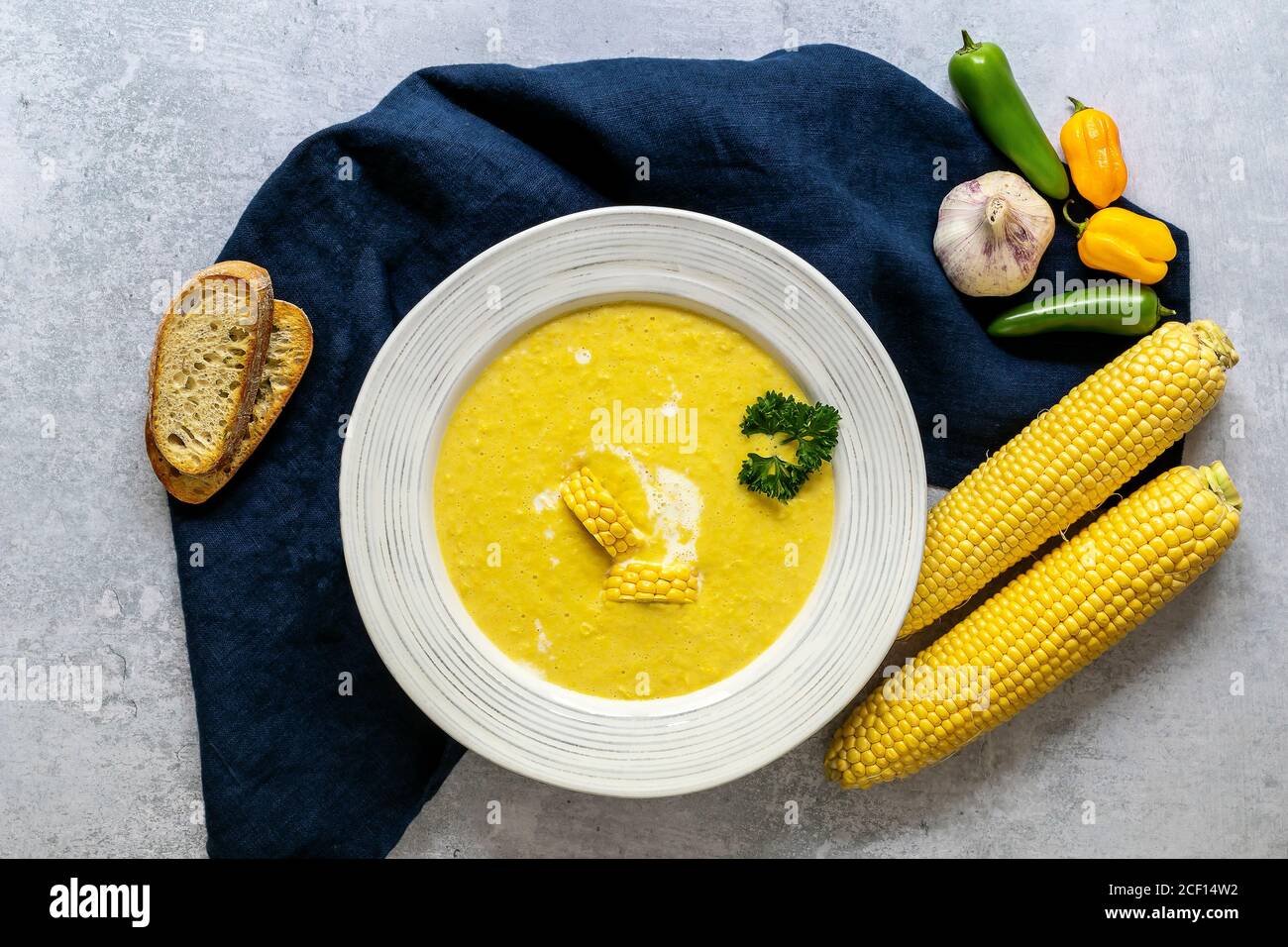 Autumn spicy corn soup. Vegetarian cuisine.  Stock Photo