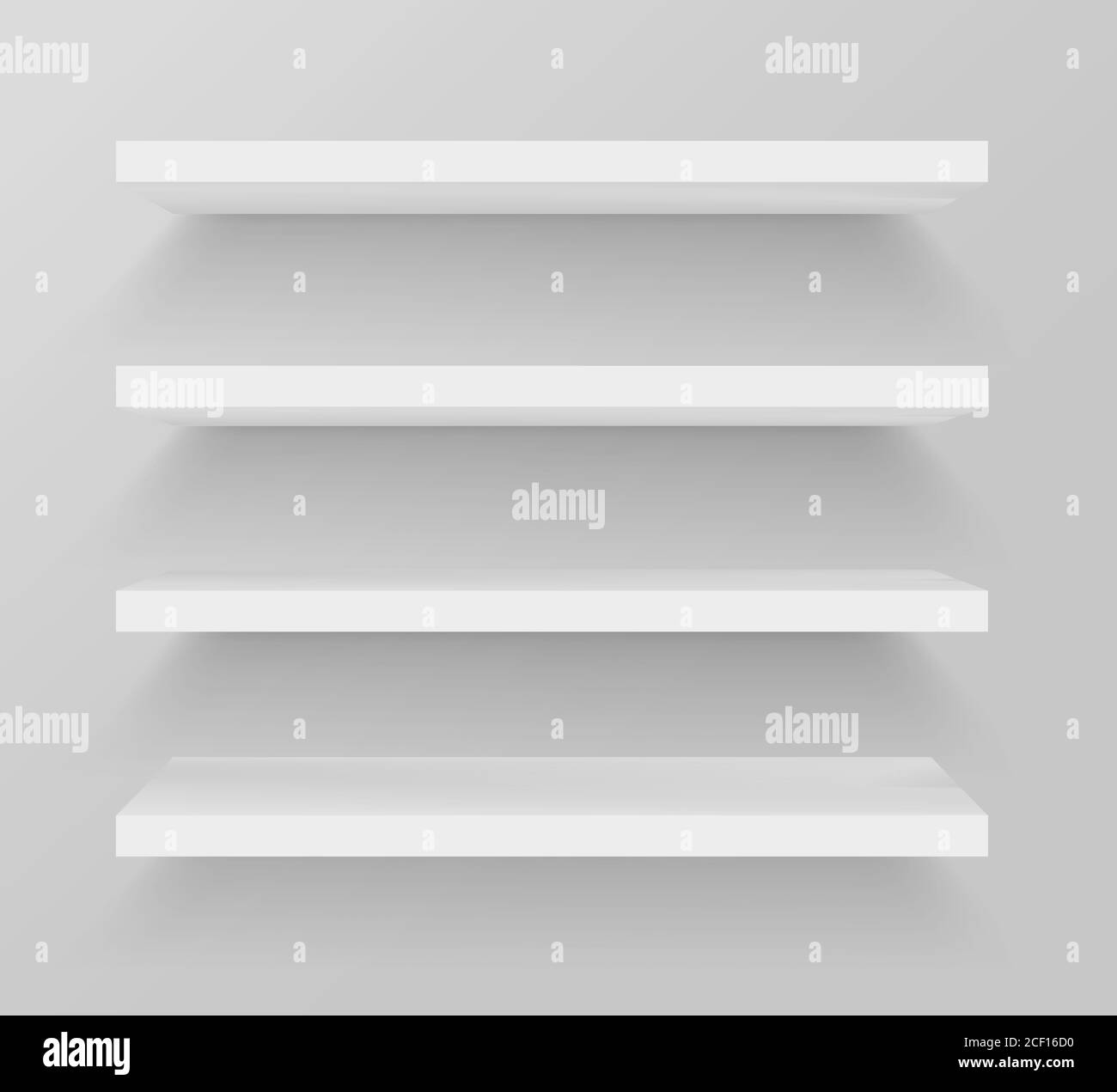 Clean shelf on wall. Empty store stand in the supermarket, front view Stock Vector
