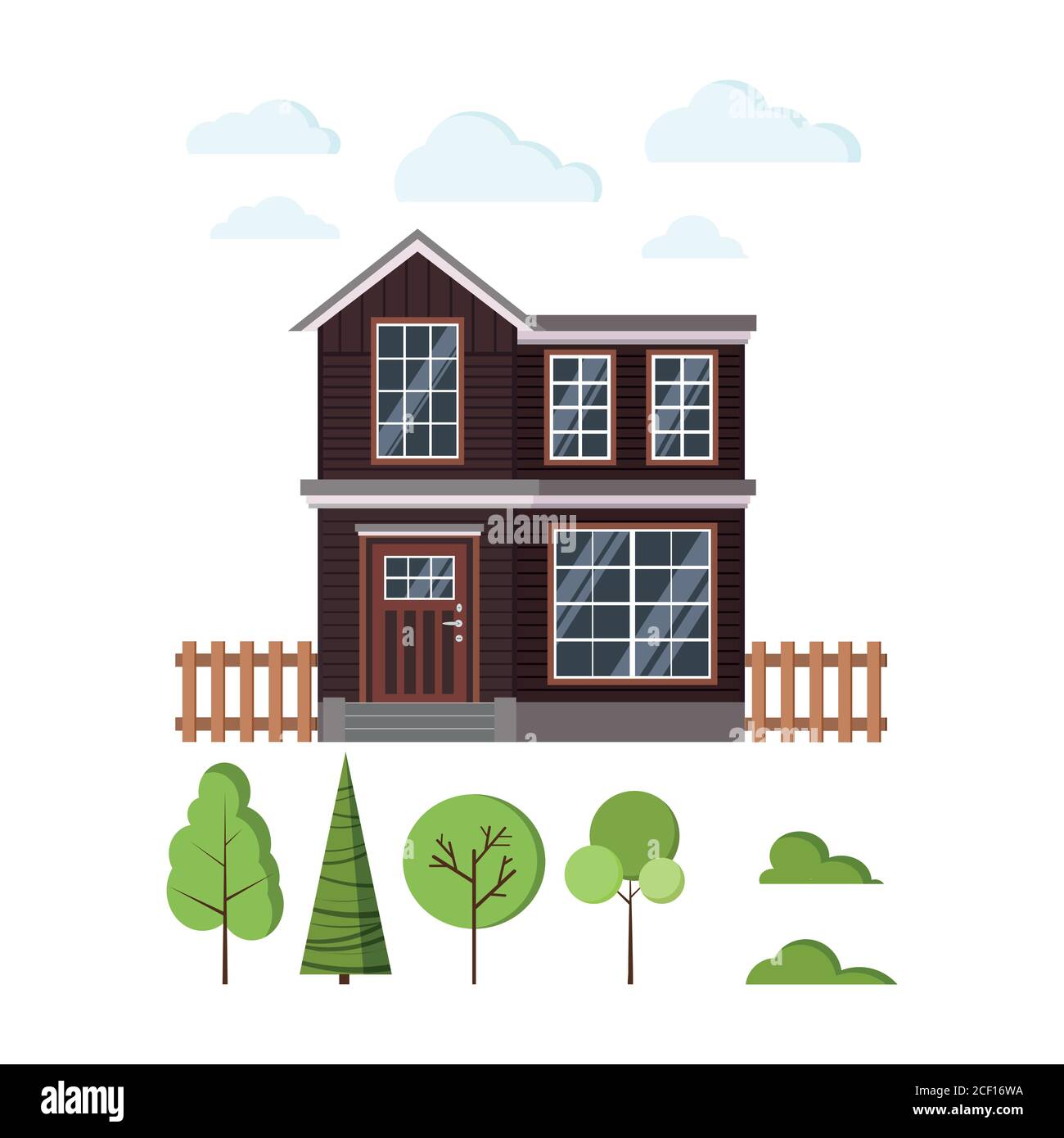 Rural wooden house exterior with fences, clouds and different trees icon set isolated on white background. Stock Vector