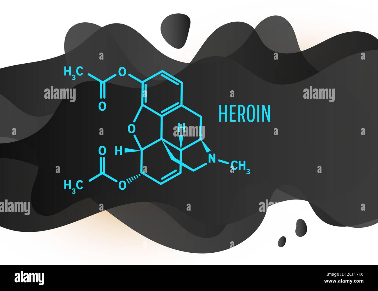 Heroin structural chemical formula with black liquid fluid shapes on a white background Stock Vector