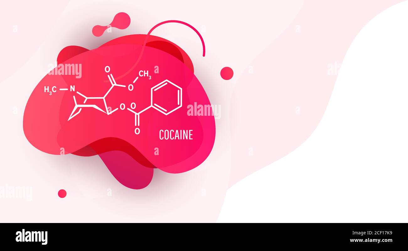 Cocain or coke structural chemical formula with pink liquid fluid shapes on white background Stock Vector