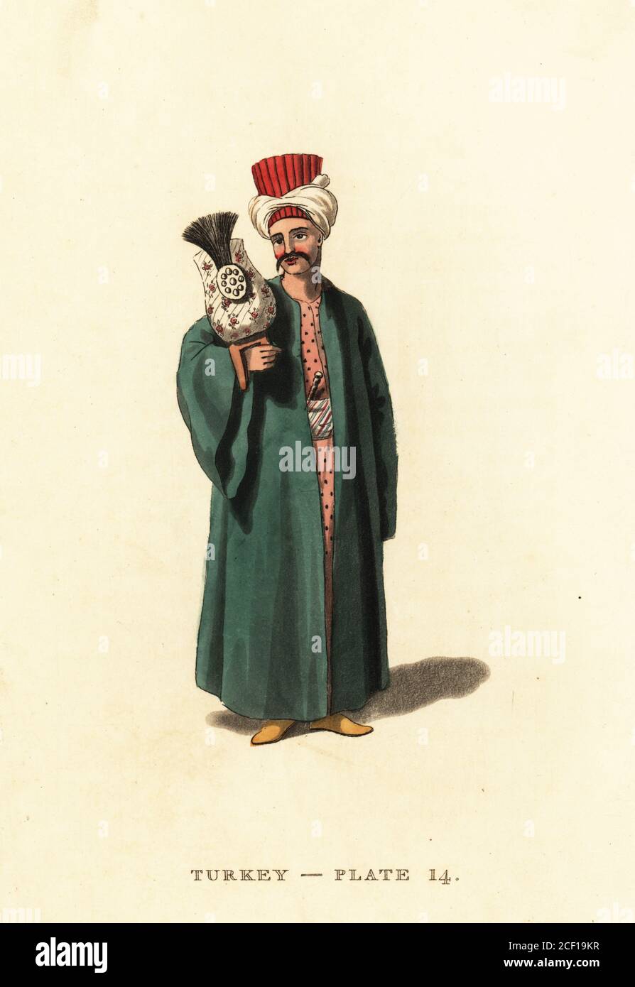 Turban bearer to the Grand Signior. He carries the Sultan’s turban on a tripod for ceremonial occasions. Handcoloured copperplate engraving after Octavian Dalvimart from William Alexander’s translation of Picturesque Representations of the Dress and Manners of the Turks, Thomas M’Lean, London, 1814. Stock Photo