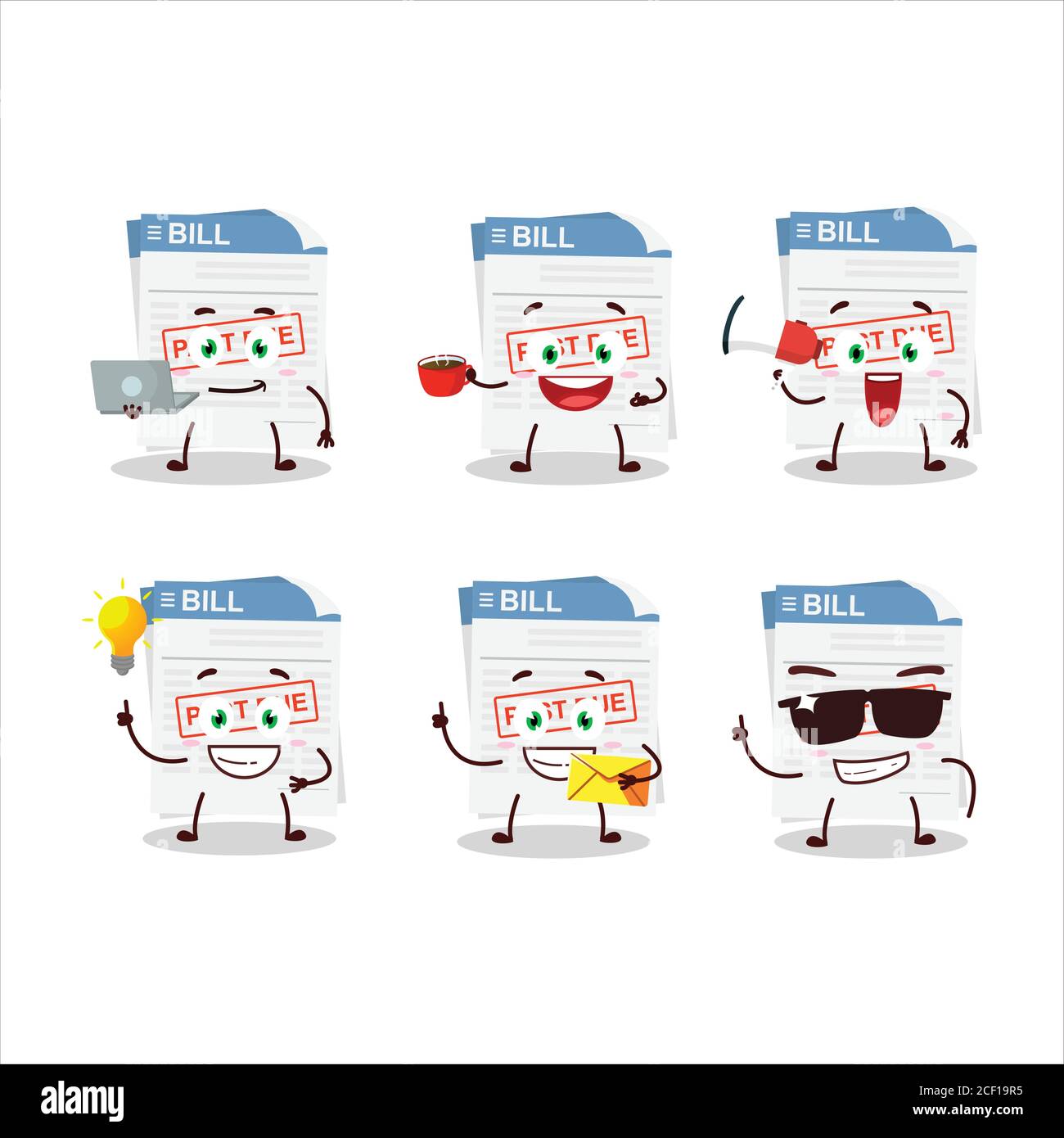 Bill paper cartoon character with various types of business emoticons
