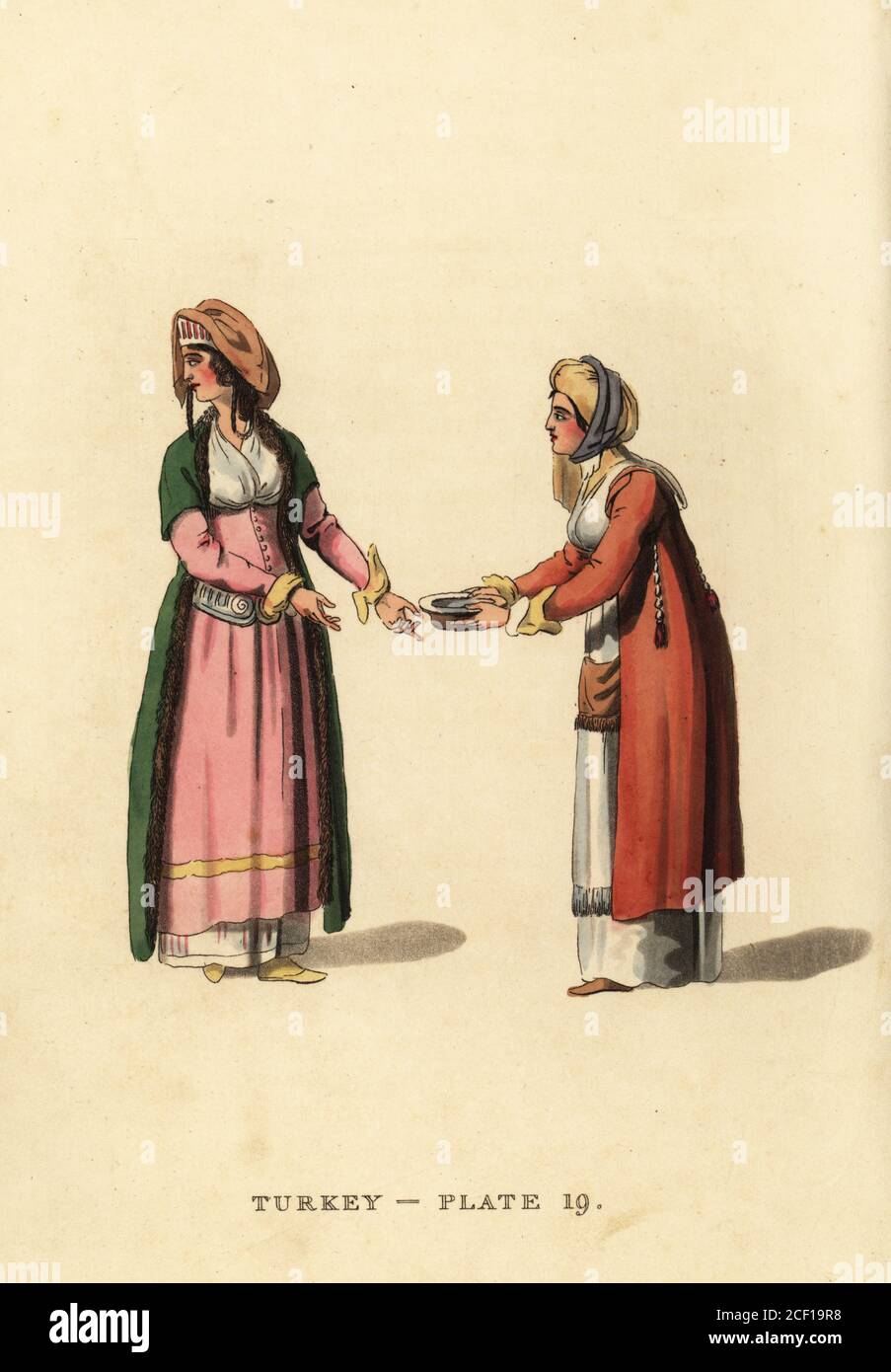Women of the Island of Andros, Greek Cyclades archipelago. They wear turbans, coats and long robes. Handcoloured copperplate engraving after Octavian Dalvimart from William Alexander’s translation of Picturesque Representations of the Dress and Manners of the Turks, Thomas M’Lean, London, 1814. Stock Photo