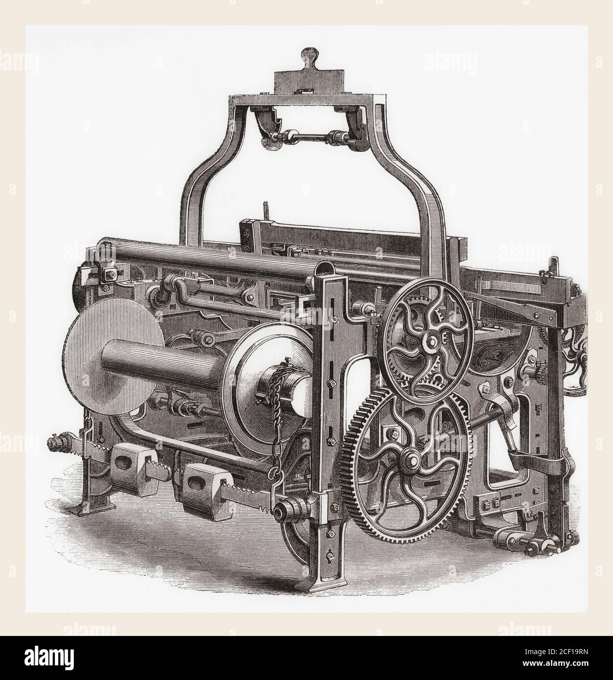 Platt's power loom for plain weaving.  From The National Encyclopaedia: A Dictionary of Universal Knowledge, published c.1890 Stock Photo