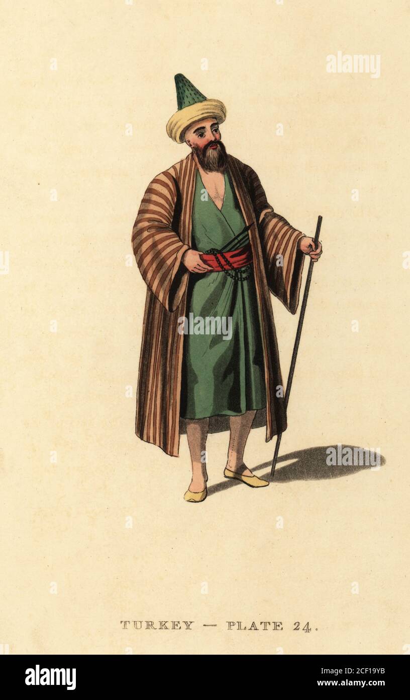 Costume of a Dervise or Dervish man. He wears a conical hat, striped coat over a tunic, and a chaplet of beads on his girdle. Handcoloured copperplate engraving after Octavian Dalvimart from William Alexander’s translation of Picturesque Representations of the Dress and Manners of the Turks, Thomas M’Lean, London, 1814. Stock Photo
