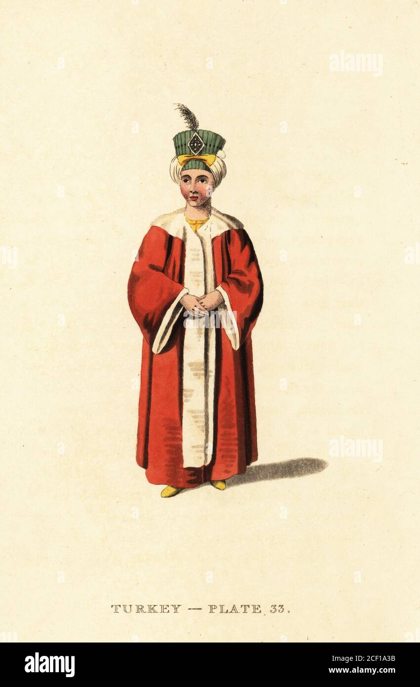Young prince, heir to the Sultan's throne, Ottoman Empire. Either Mustafa IV or Mahmud II, sons of Sultan Abdul Hamid I. In turban and pelisse coat trimmed with white fox fur. Handcoloured copperplate engraving after Octavian Dalvimart from William Alexander’s translation of Picturesque Representations of the Dress and Manners of the Turks, Thomas M’Lean, London, 1814. Stock Photo