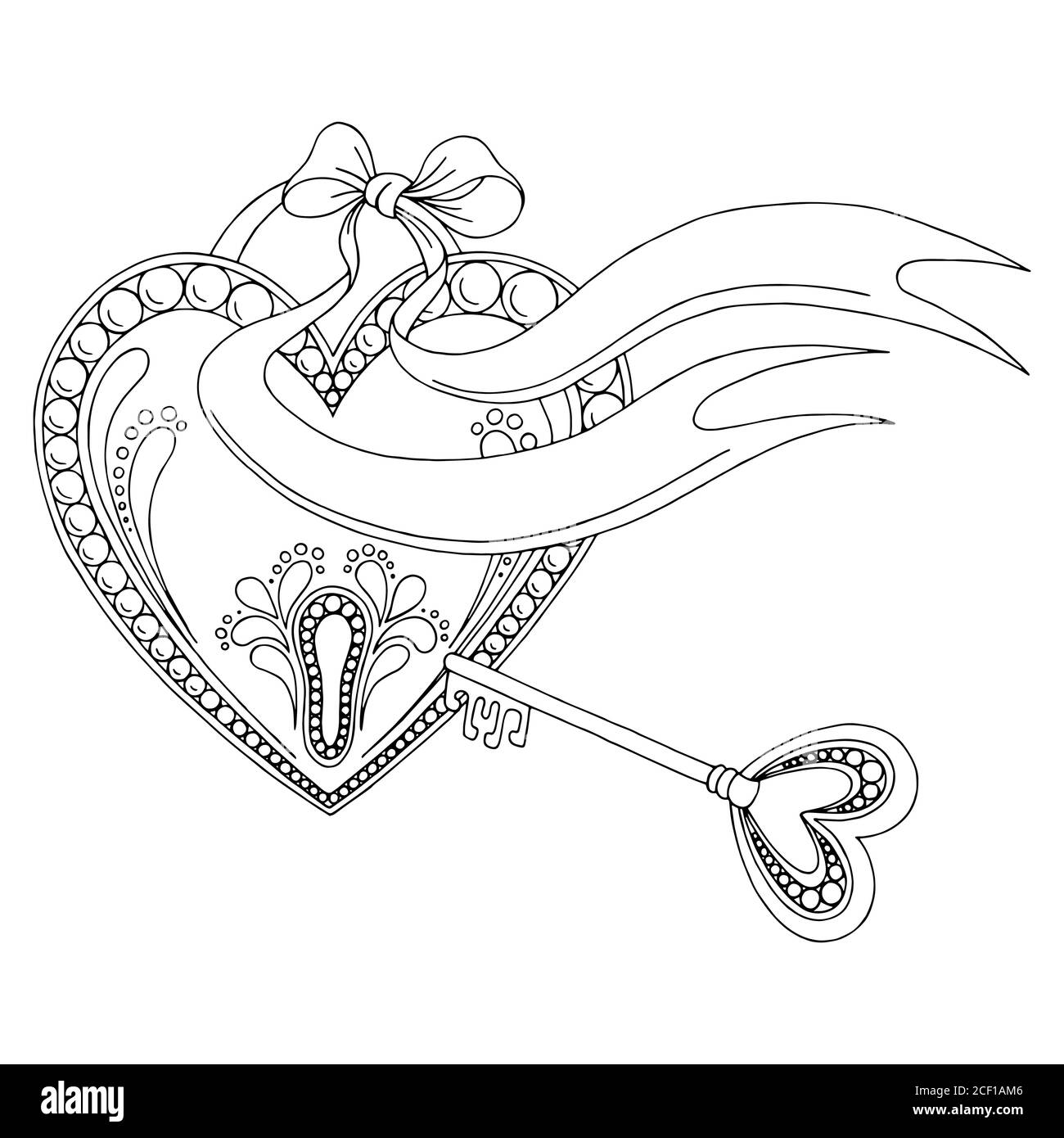Pattern heart lock key doodle black white graphic sketch background illustration vector Stock Vector