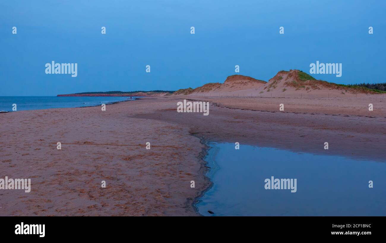 Deserted beach at dusk. Blue hour shot of the costal dunes, in red and azure shades. Cavendish Beach, Prince Edward Island National Park, Canada Stock Photo