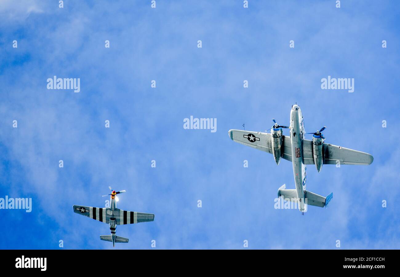 JOINT BASE PEARL HARBOR-HICKAM, Hawaii (Sep. 2, 2020) World War II-era vintage aircraft fly above the Battleship Missouri Memorial for the 75th Anniversary of the End of WWII commemoration ceremony, Sept. 2, 2020, at Pearl Harbor. The events of WWII remain a historic reminder of how the dedicated resolve of allies with a common purpose and shared vision builds proven, enduring partnerships. The U.S. military continues to stand together with allies and partners in maintaining a free and open Indo-Pacific region. (U.S. Air Force photo by Tech. Sgt. Anthony Nelson Jr.) Stock Photo