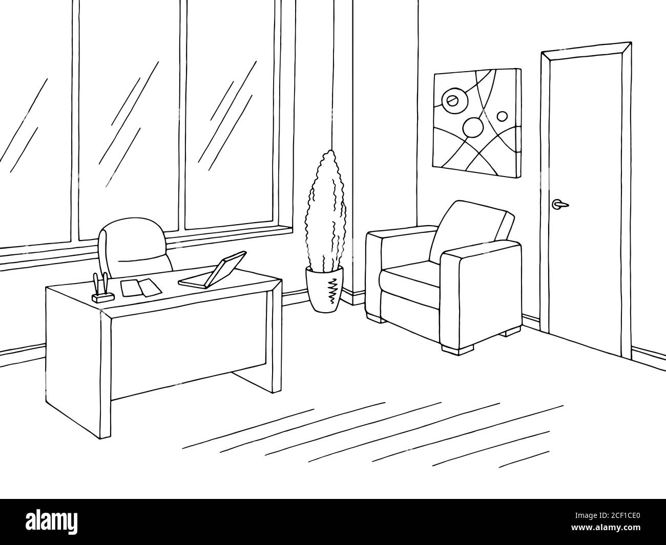 Office room graphic black white interior sketch illustration vector Stock Vector