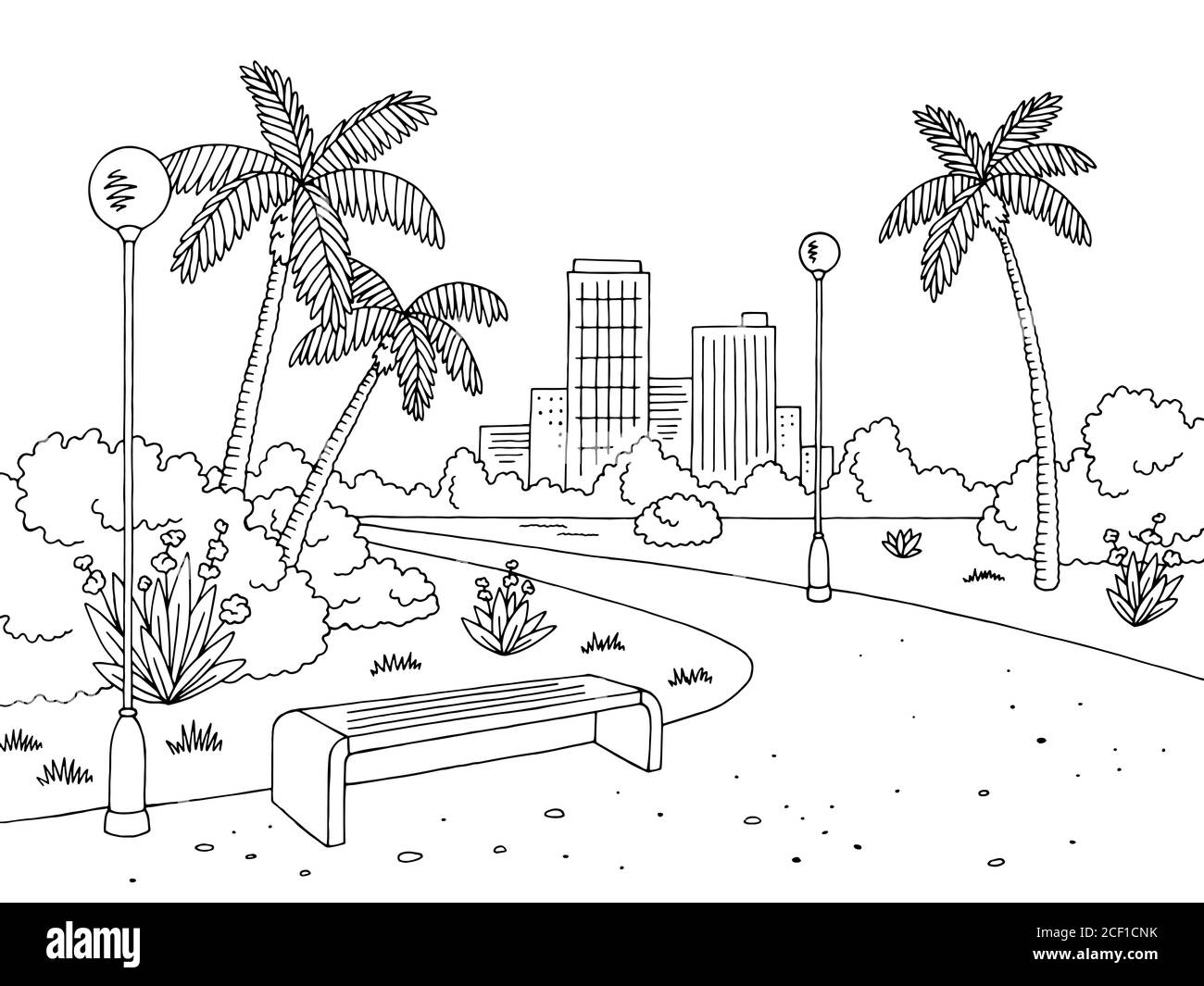 Park palm graphic black white bench lamp landscape sketch illustration vector Stock Vector