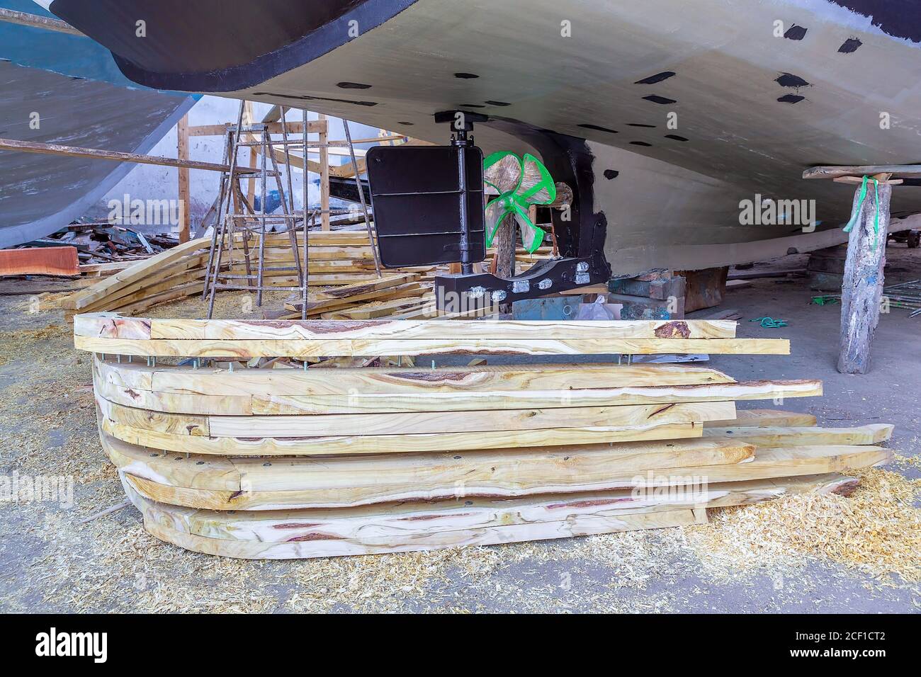 back of boat with wooden trusses at egyptian shipyard Stock Photo