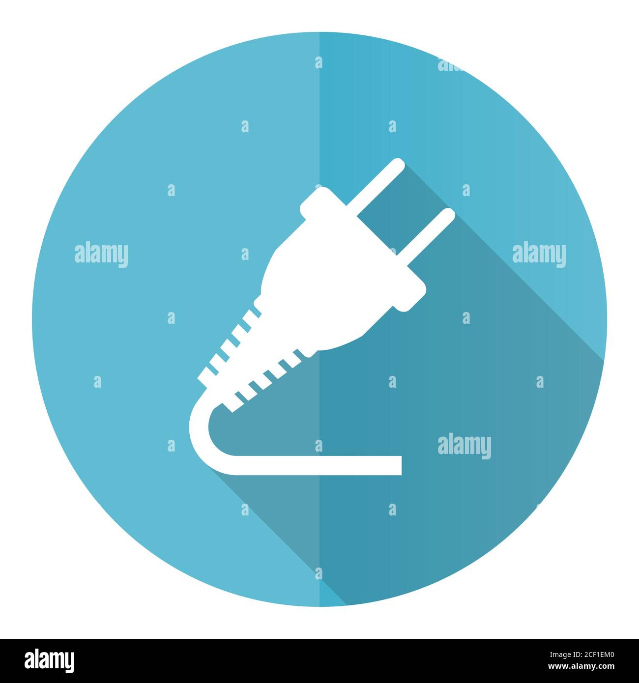 Plug vector icon, flat design blue round web button isolated on white ...