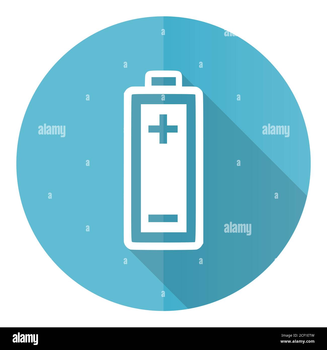 Battery vector icon, flat design blue round web button isolated on ...