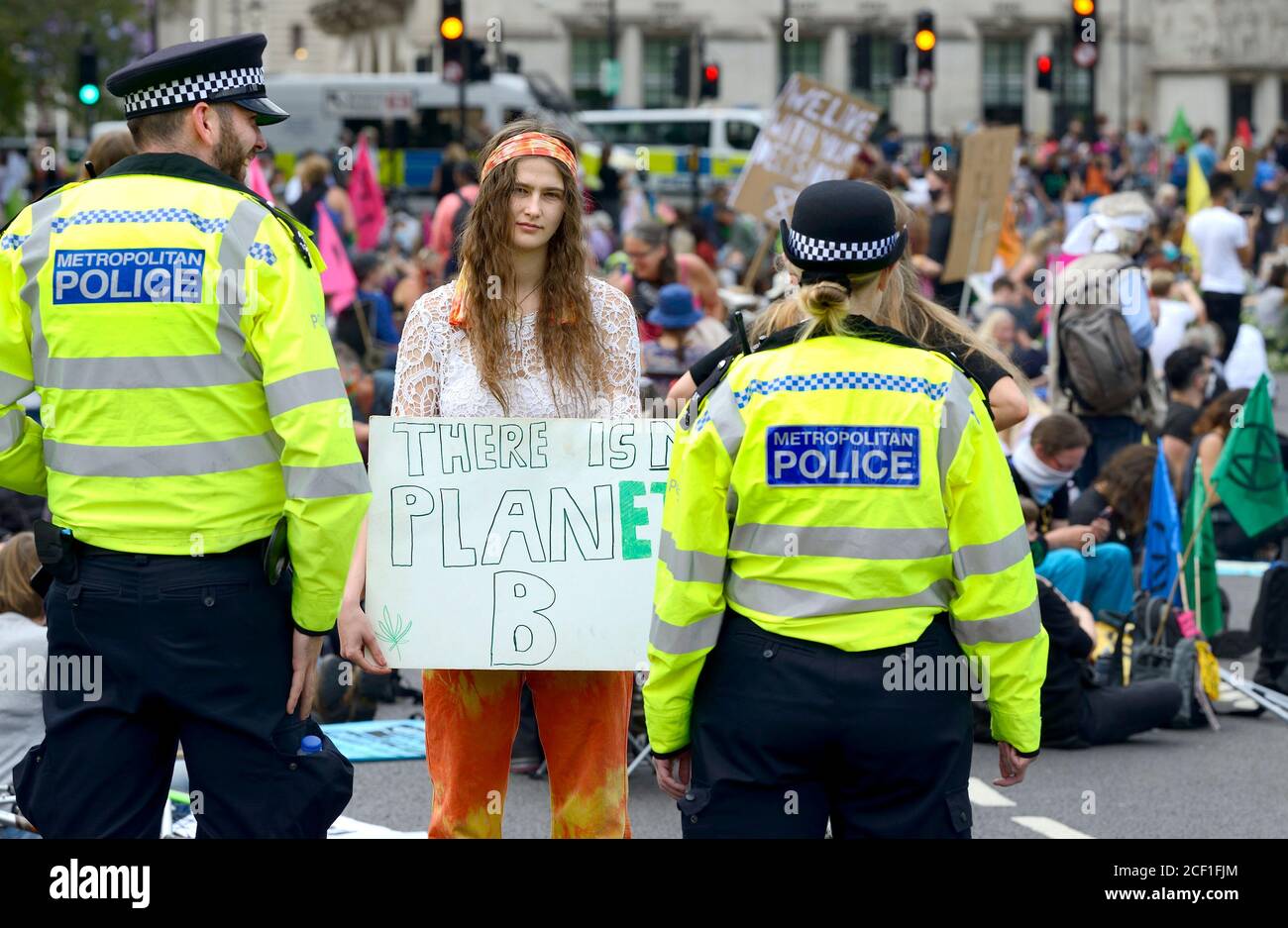 London, UK. Peaceful protest at an Extinction Rebellion protest in Parliament Square, 1st September 2020 Stock Photo